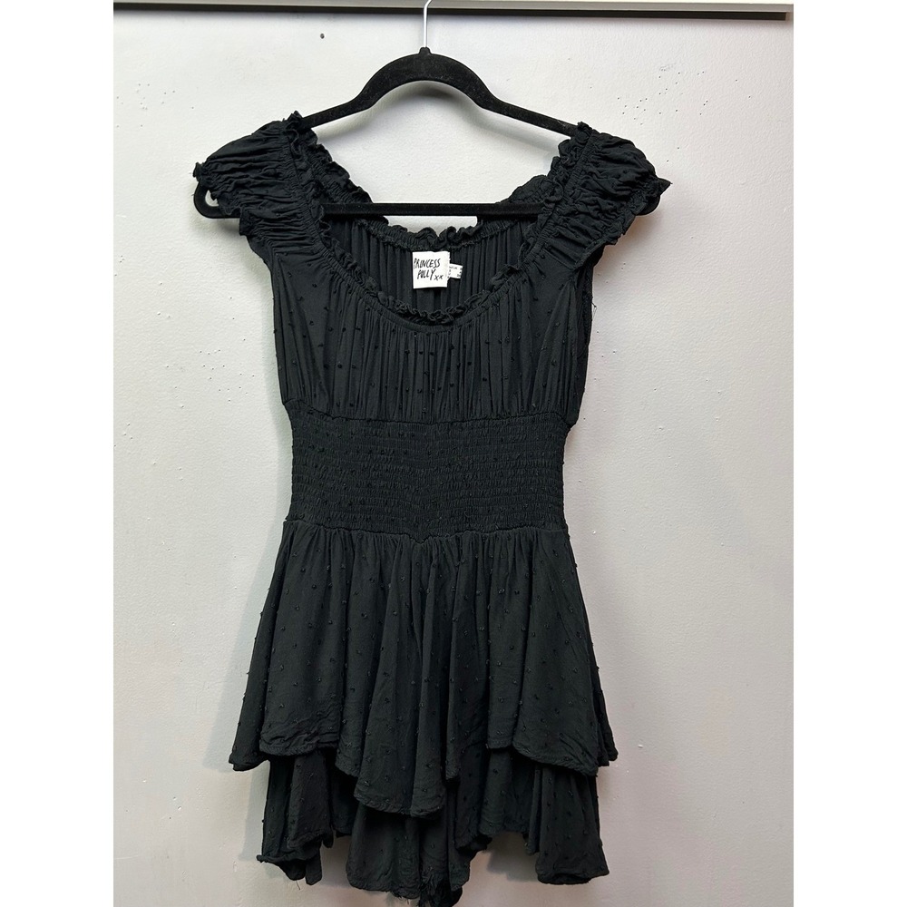 Princess Polly Dress‎ Women 4 Black Swiss Dot Smocked Tiered Mini Boho Ruffle
